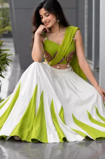 white cotton silk plain traditional lehenga choli with free size upto 42