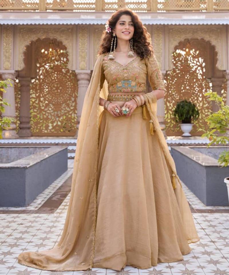 beige silk blend plain traditional lehenga choli