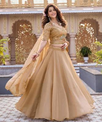 beige silk blend plain traditional lehenga choli 2