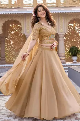 beige silk blend plain traditional lehenga choli
