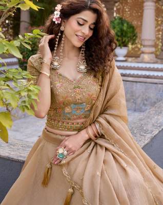 beige silk blend plain traditional lehenga choli 3