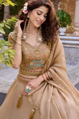 beige silk blend plain traditional lehenga choli