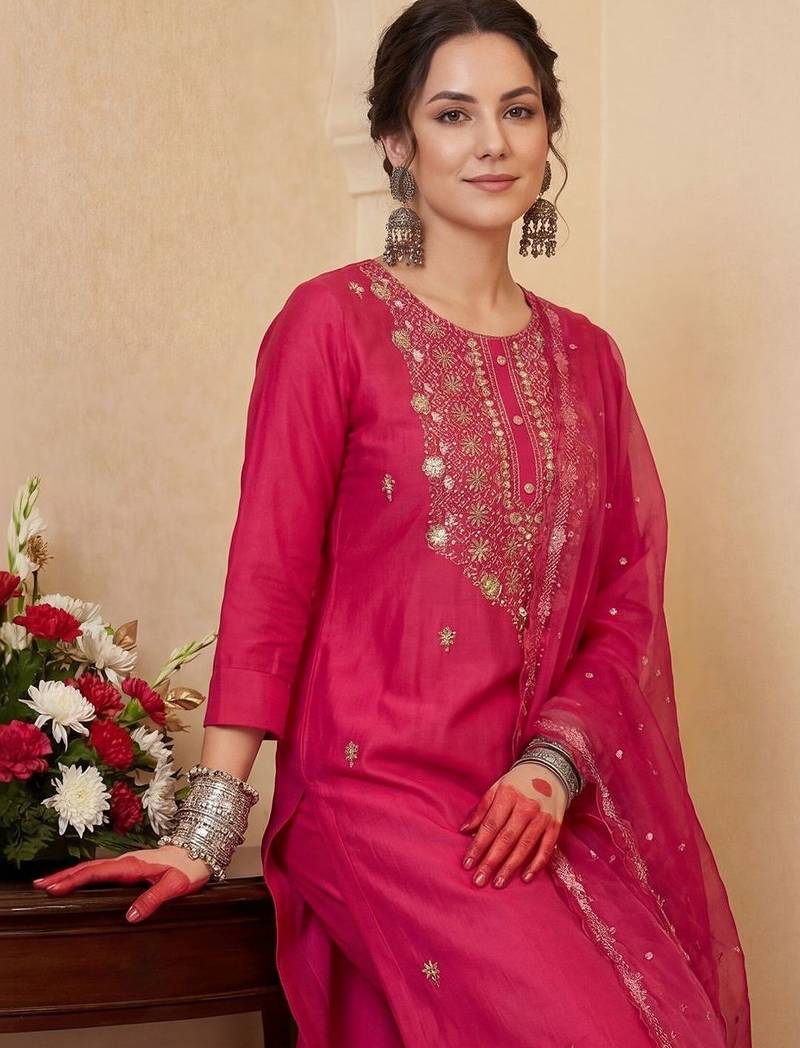 Women Floral Embroidered Thread Work Kurta with Trousers & With Dupatta