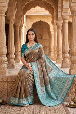 Grey soft banarasi silk saree with zari weaving meenakari design 3