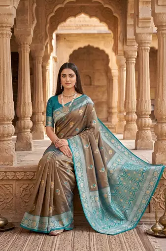 Grey soft banarasi silk saree with zari weaving meenakari design
