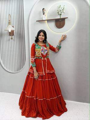 orange cotton silk embroidered traditional lehenga choli with free size upto 42 1