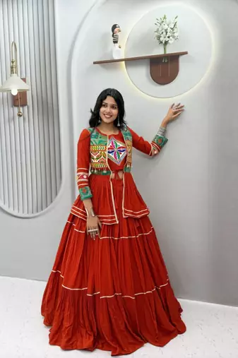 orange cotton silk embroidered traditional lehenga choli with free size upto 42