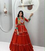 orange cotton silk embroidered traditional lehenga choli with free size upto 42