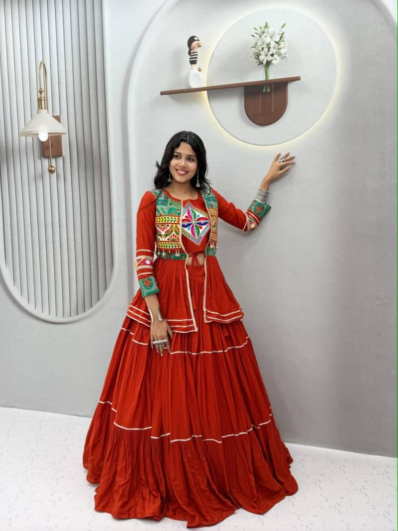 orange cotton silk embroidered traditional lehenga choli with free size upto 42