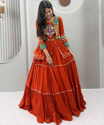 orange cotton silk embroidered traditional lehenga choli with free size upto 42 2
