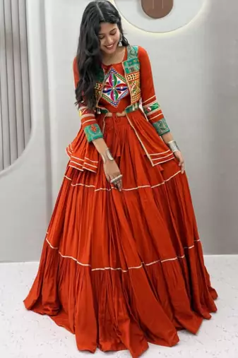 orange cotton silk embroidered traditional lehenga choli with free size upto 42