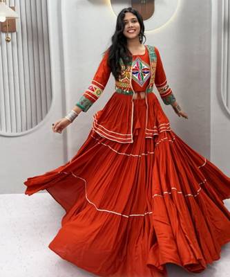 orange cotton silk embroidered traditional lehenga choli with free size upto 42 3