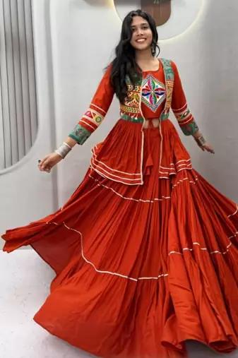 orange cotton silk embroidered traditional lehenga choli with free size upto 42