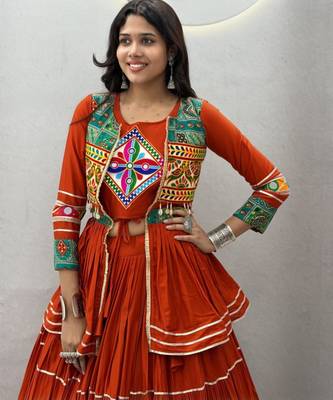 orange cotton silk embroidered traditional lehenga choli with free size upto 42 4