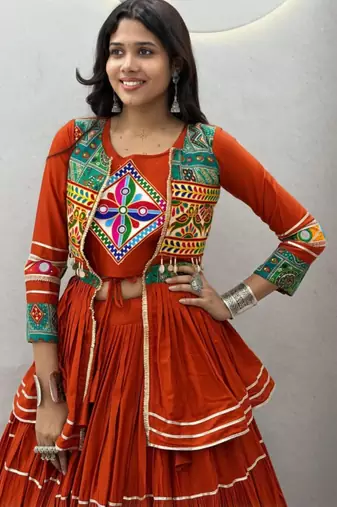 orange cotton silk embroidered traditional lehenga choli with free size upto 42