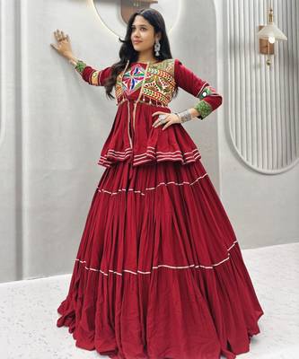 red cotton silk embroidered traditional lehenga choli with free size upto 42 1