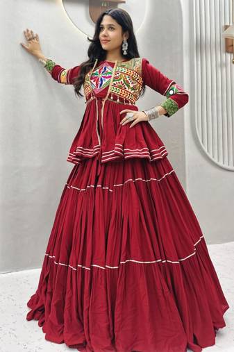 red cotton silk embroidered traditional lehenga choli with free size upto 42