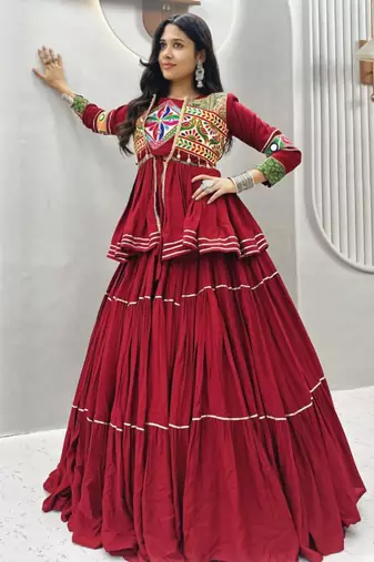 red cotton silk embroidered traditional lehenga choli with free size upto 42
