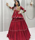 red cotton silk embroidered traditional lehenga choli with free size upto 42