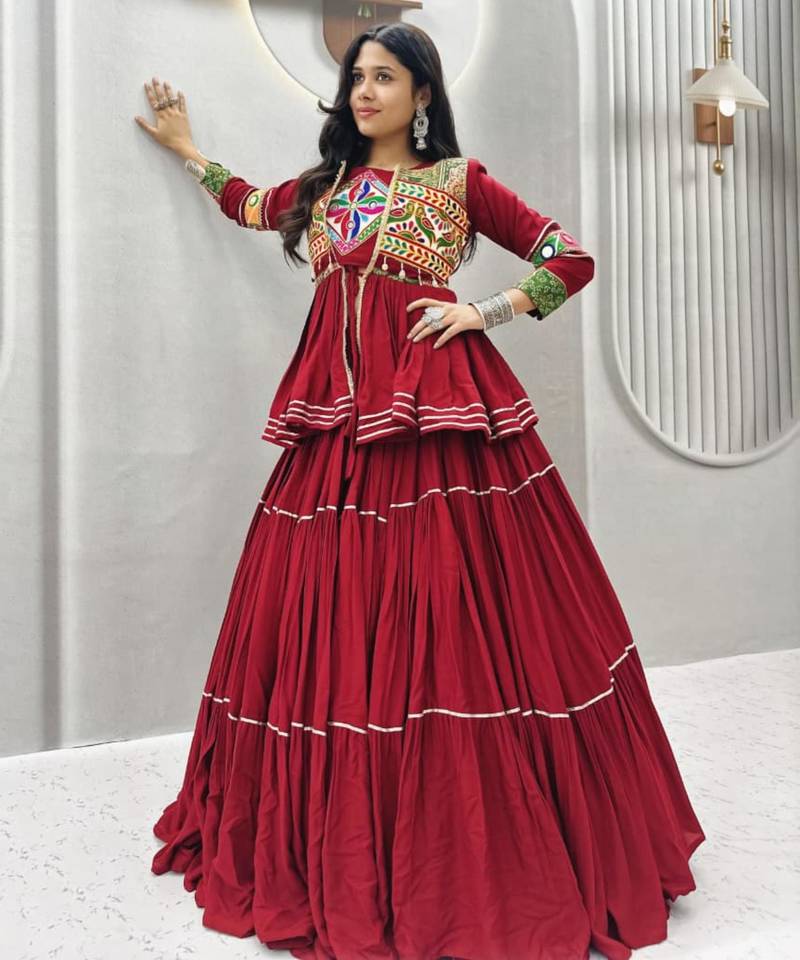 red cotton silk embroidered traditional lehenga choli with free size upto 42