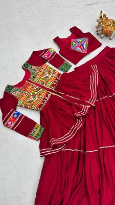 red cotton silk embroidered traditional lehenga choli with free size upto 42 2