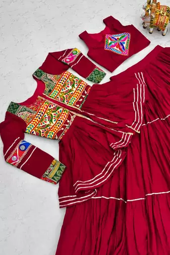 red cotton silk embroidered traditional lehenga choli with free size upto 42