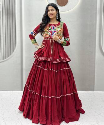 red cotton silk embroidered traditional lehenga choli with free size upto 42 3
