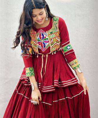 red cotton silk embroidered traditional lehenga choli with free size upto 42 4