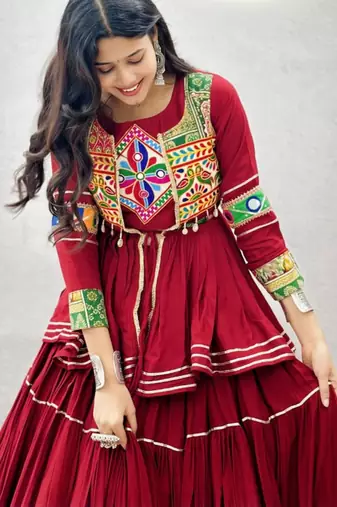 red cotton silk embroidered traditional lehenga choli with free size upto 42