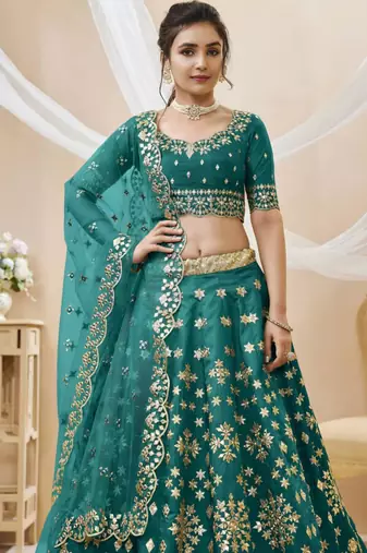 green art silk embroidered traditional lehenga choli