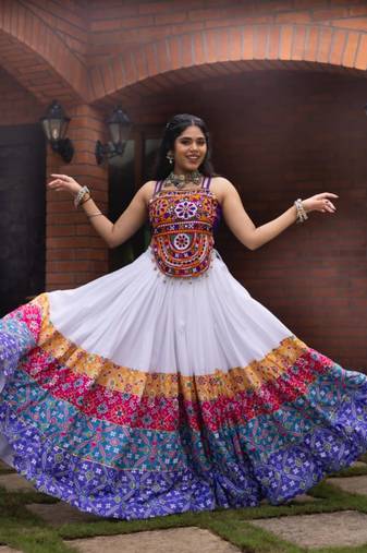 white rayon printed traditional lehenga choli with free size upto 42