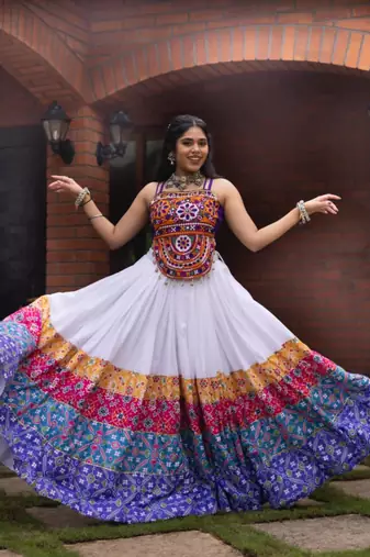 white rayon printed traditional lehenga choli with free size upto 42