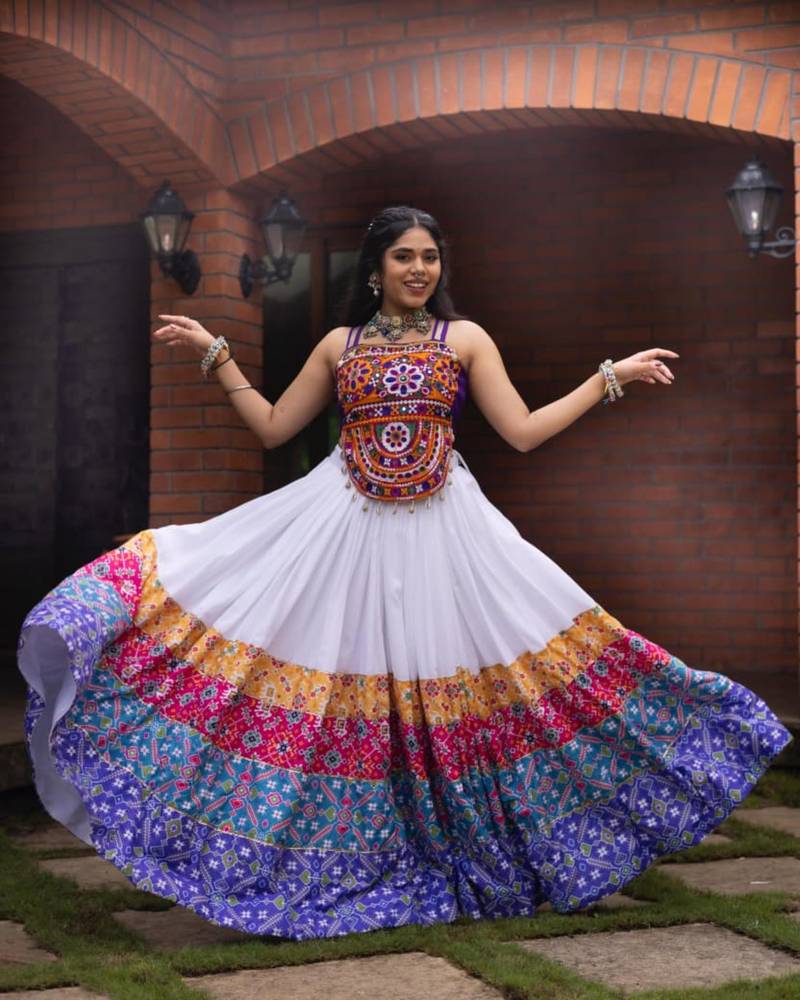 white rayon printed traditional lehenga choli with free size upto 42