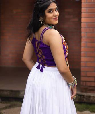 white rayon printed traditional lehenga choli with free size upto 42 2