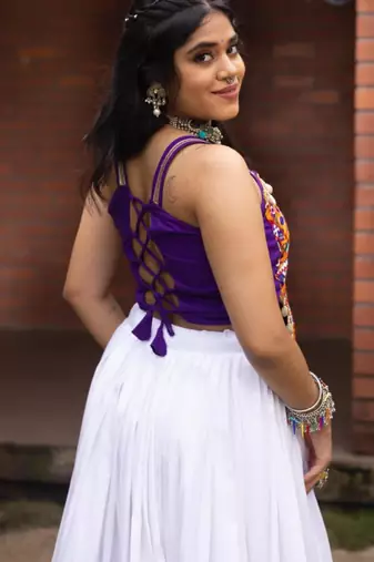 white rayon printed traditional lehenga choli with free size upto 42