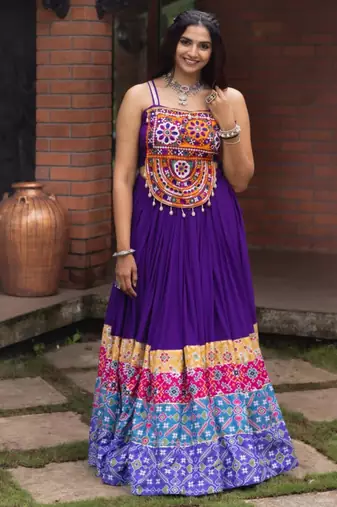 purple rayon printed traditional lehenga choli with free size upto 42