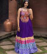 purple rayon printed traditional lehenga choli with free size upto 42