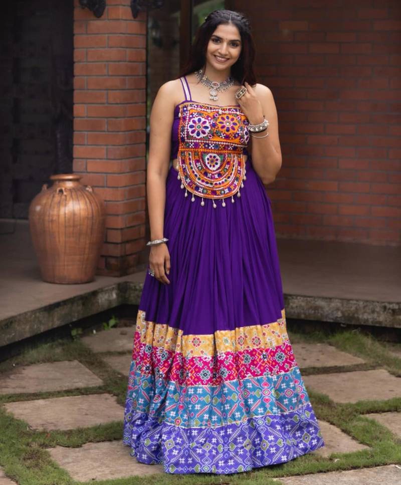 purple rayon printed traditional lehenga choli with free size upto 42