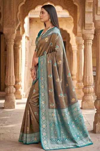 Grey soft banarasi silk saree with zari weaving meenakari design