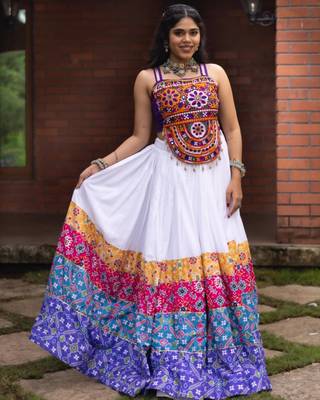 white rayon printed traditional lehenga choli with free size upto 42 3