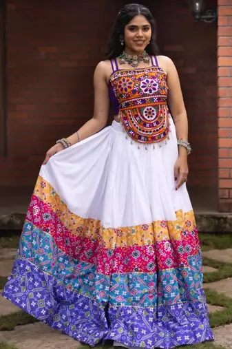 white rayon printed traditional lehenga choli with free size upto 42