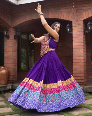 purple rayon printed traditional lehenga choli with free size upto 42 2