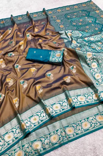 Grey soft banarasi silk saree with zari weaving meenakari design