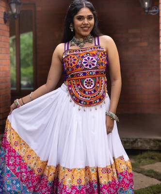 white rayon printed traditional lehenga choli with free size upto 42 4