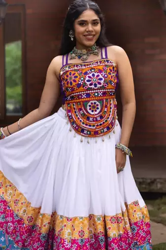 white rayon printed traditional lehenga choli with free size upto 42