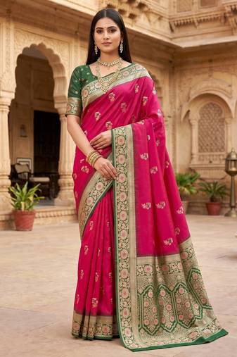 Pink soft banarasi silk saree with zari weaving meenakari design