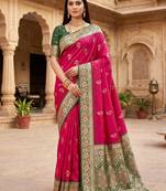 Pink soft banarasi silk saree with zari weaving meenakari design