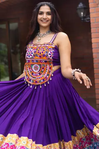 purple rayon printed traditional lehenga choli with free size upto 42
