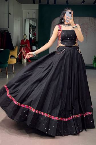 black cotton silk handmade traditional lehenga choli with free size upto 42
