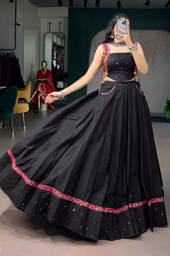 black cotton silk handmade traditional lehenga choli with free size upto 42